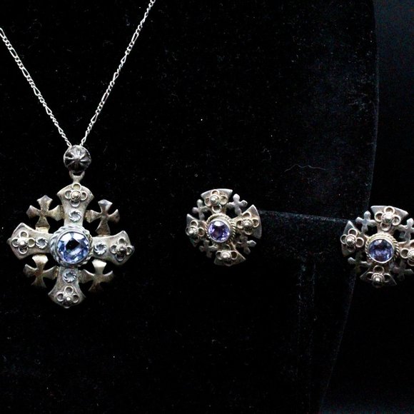 Vintage Jerusalem Lab Alexandrite 800 Silver Maltese Cross Necklace Set - Picture 4 of 9